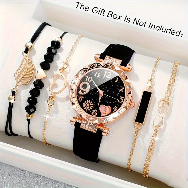 6 ta ayollar uchun sun'iy charm bilan ta'minlangan soat va yurak va olmosli zargarlik buyumlari to'plami