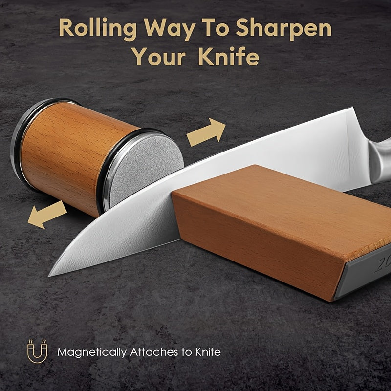 Magnetic Diamond Knife Sharpener with Aluminum Kitchen Tool, 15/20 Degree Angle, Wooden Base