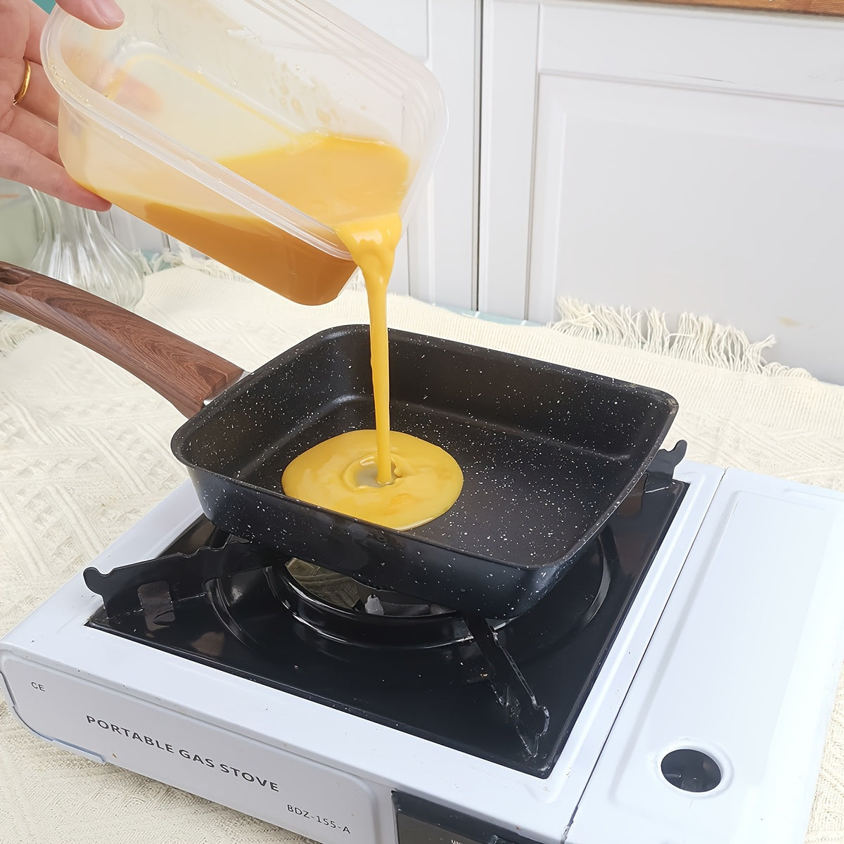 Cast Iron Frying Pan with Non-Stick Coating and Imitation Wood Handle Includes Silicone Spatula for Home Kitchen