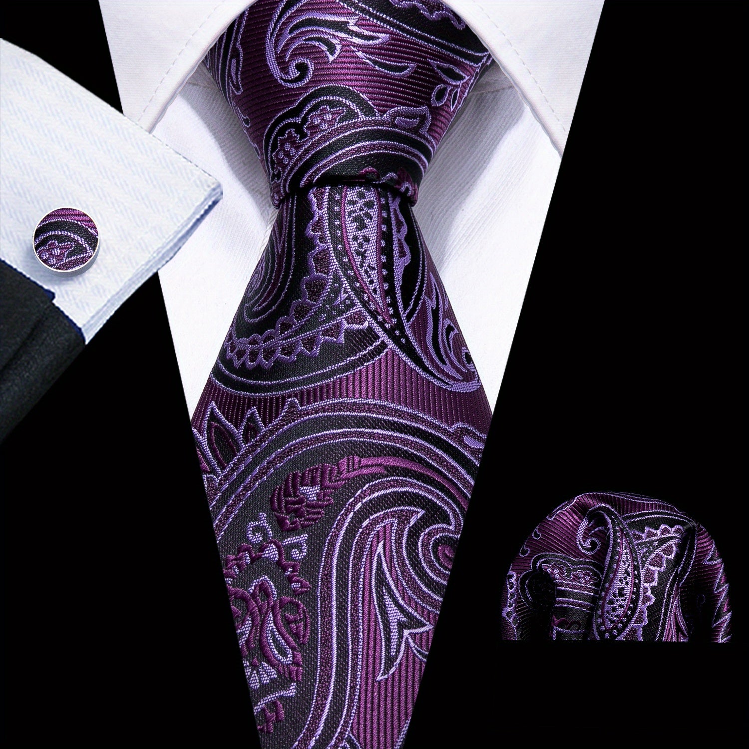 Men's Green Paisley Jacquard Tie Set with Pocket Square and Cufflinks for Weddings and Parties
