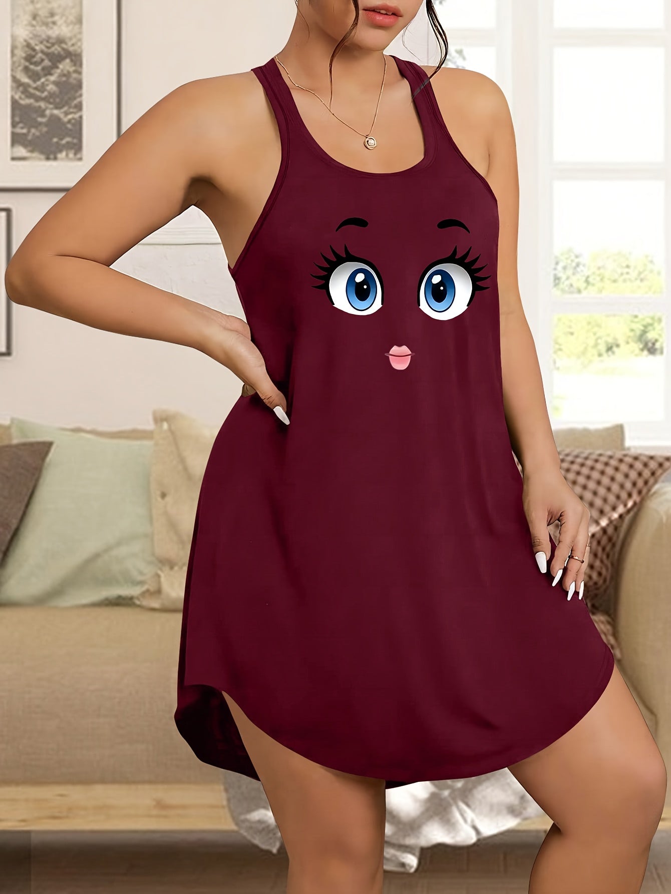 Plus Size Women's Sleepwear Nightgown Blue Face Print Casual Stretchy Sleep Dress