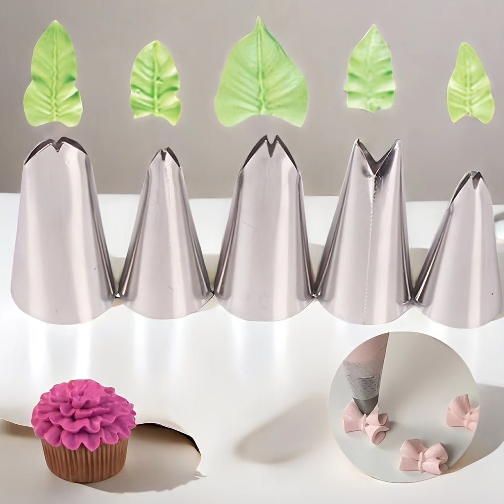 Set of 5 Stainless Steel Leaf Piping Tips for Cake Decorating and Puffs