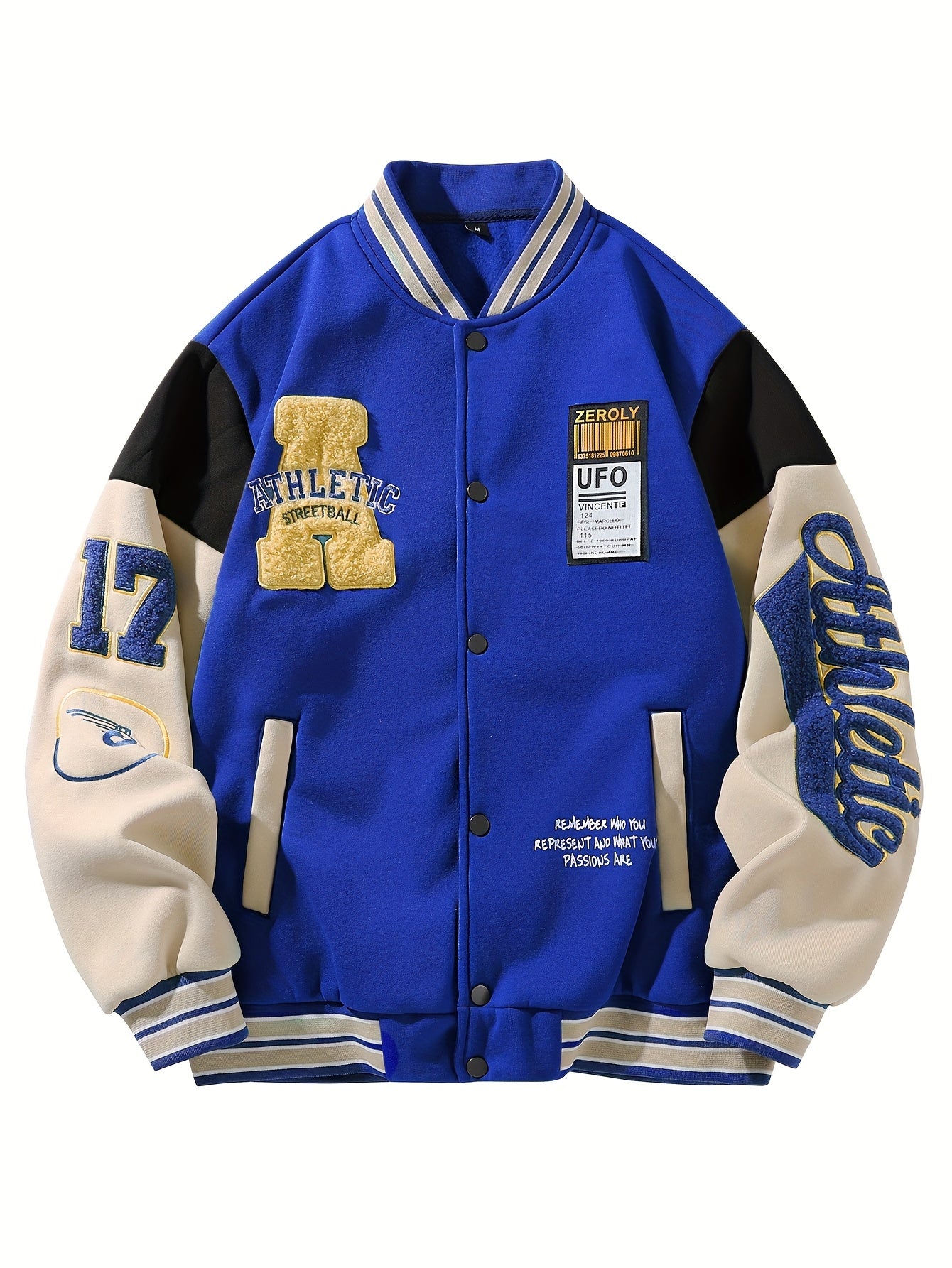 Men's Casual Varsity Jacket with Letter Embroidery Knit Polyester Baseball Collar Long Sleeves