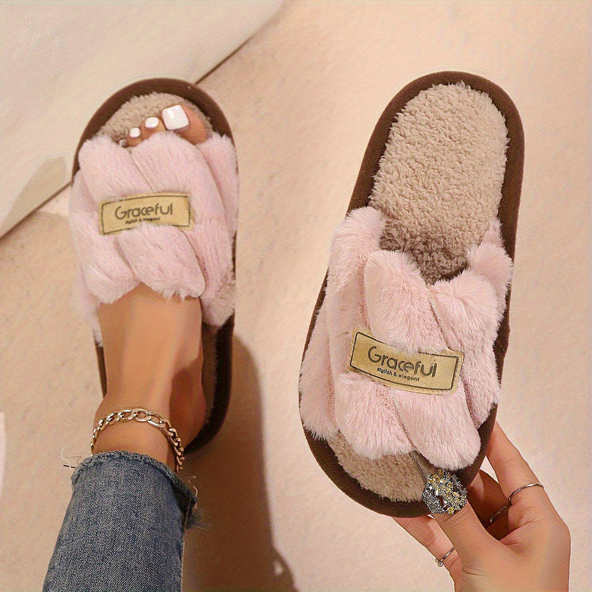 Women's Fluffy Faux Fur Open-Toe House Slippers Soft PVC Sole Indoor Footwear