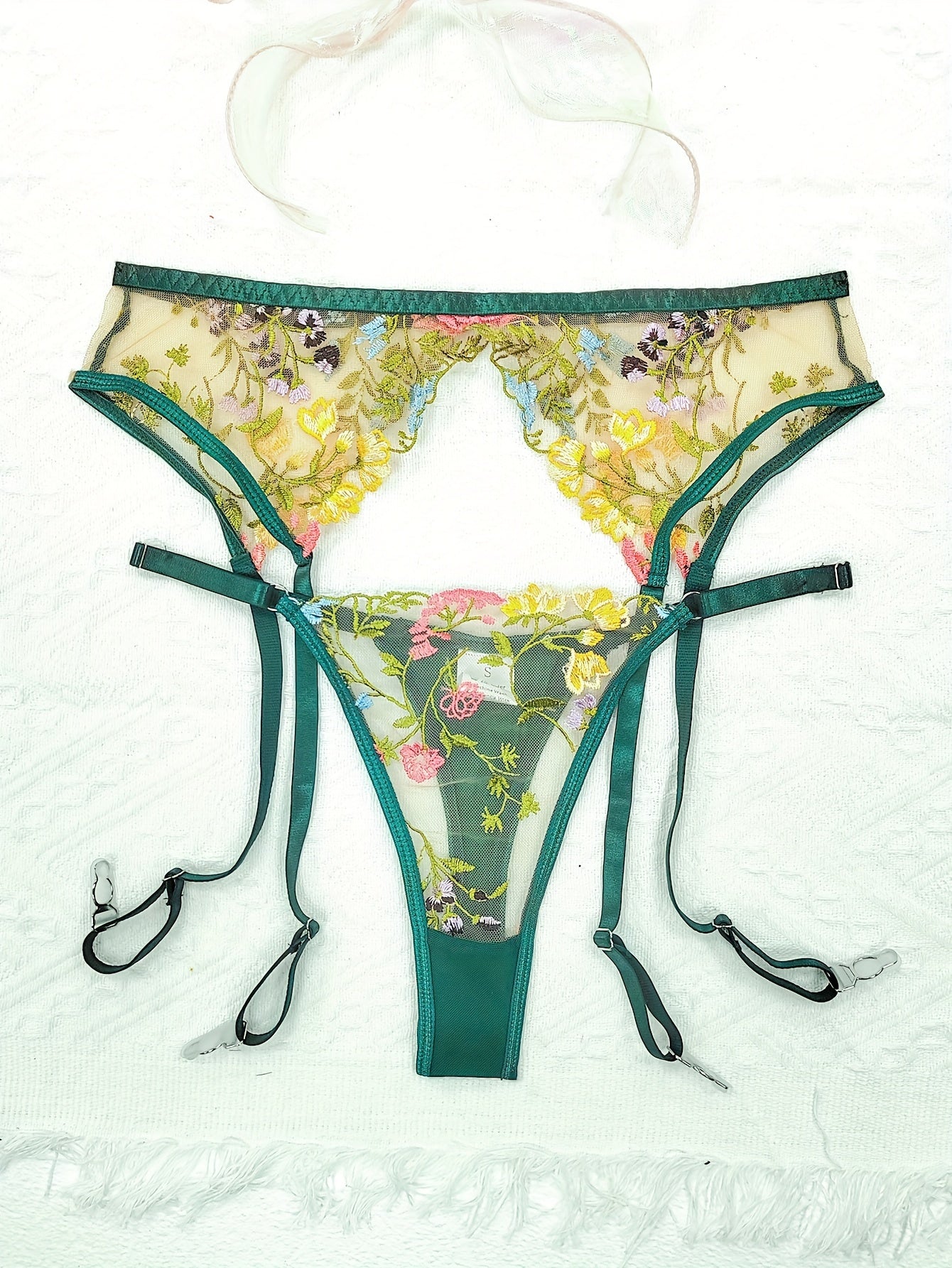Women's Floral Embroidery Lingerie Set with Semi-Sheer Fabric Bra Garter Belt Thong