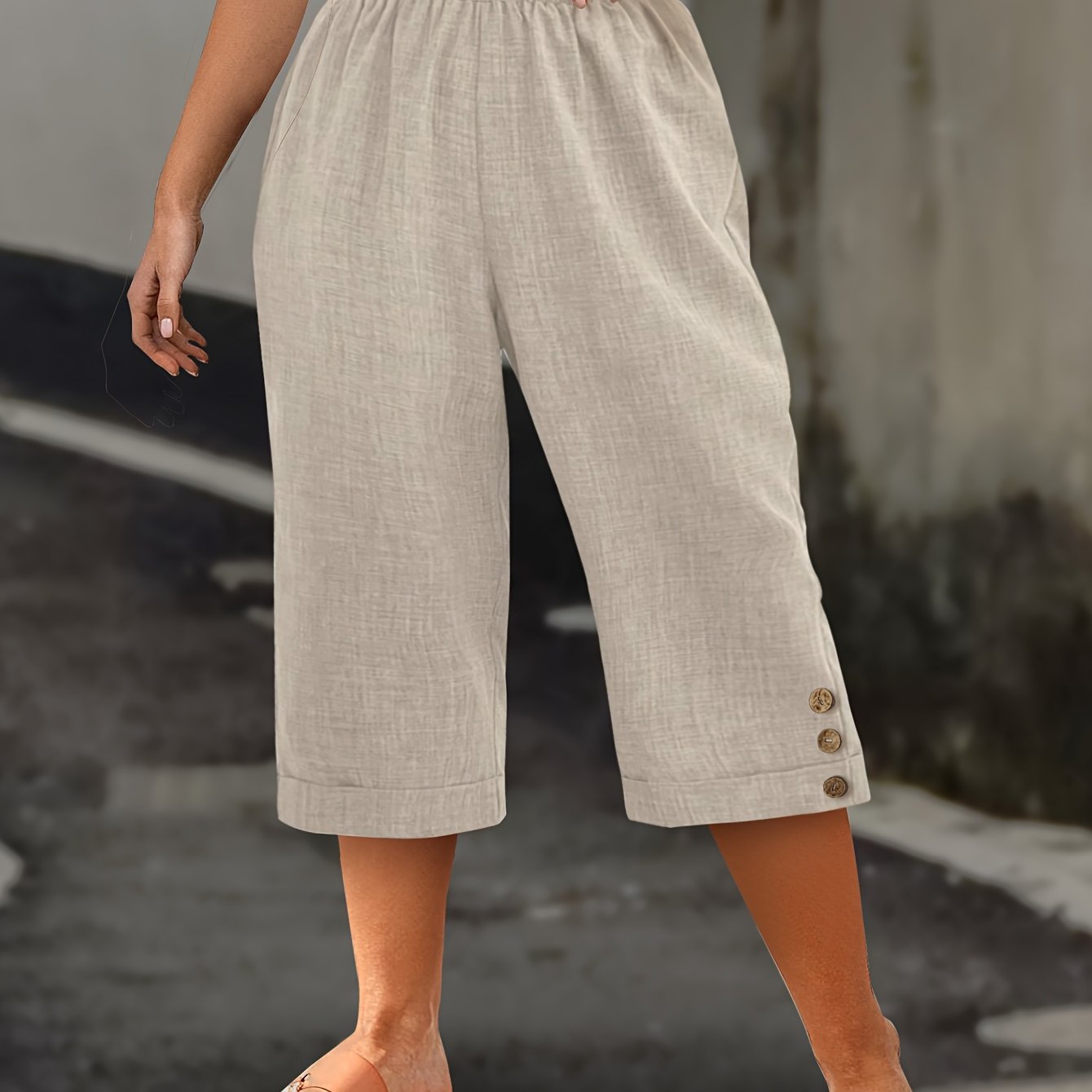 Women's Plus Size Beige Cropped Wide-Leg Pants High Waist Summer Casual Formal