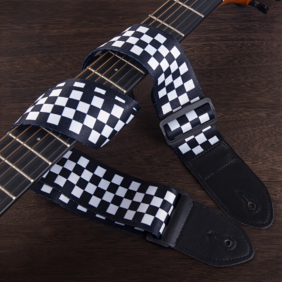 Correa de guitarra de cuero sintético ajustable con patrón vibrante en rosa, amarillo y negro para guitarra acústica, eléctrica y bajo