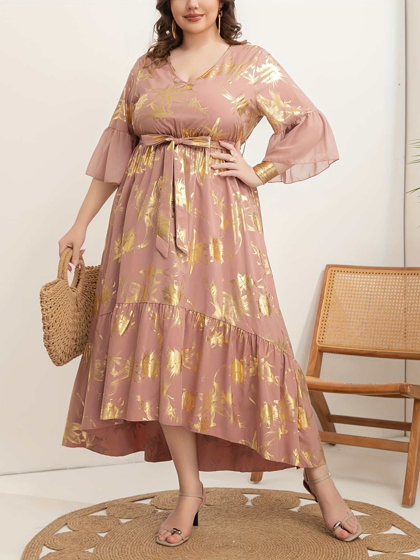 Vestido túnica de mujer talla grande con escote en V, poliéster, para todas las estaciones, tejido con cinturón