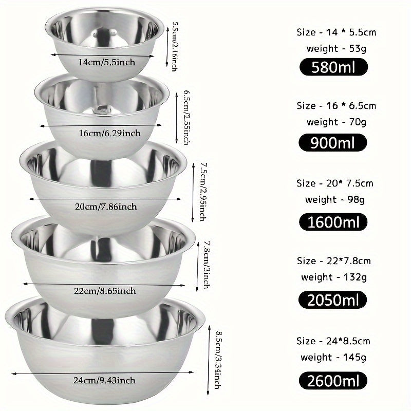 Set of 5 Stainless Steel Mixing Bowls with Built-in Scale for Cooking Baking and Meal Prep