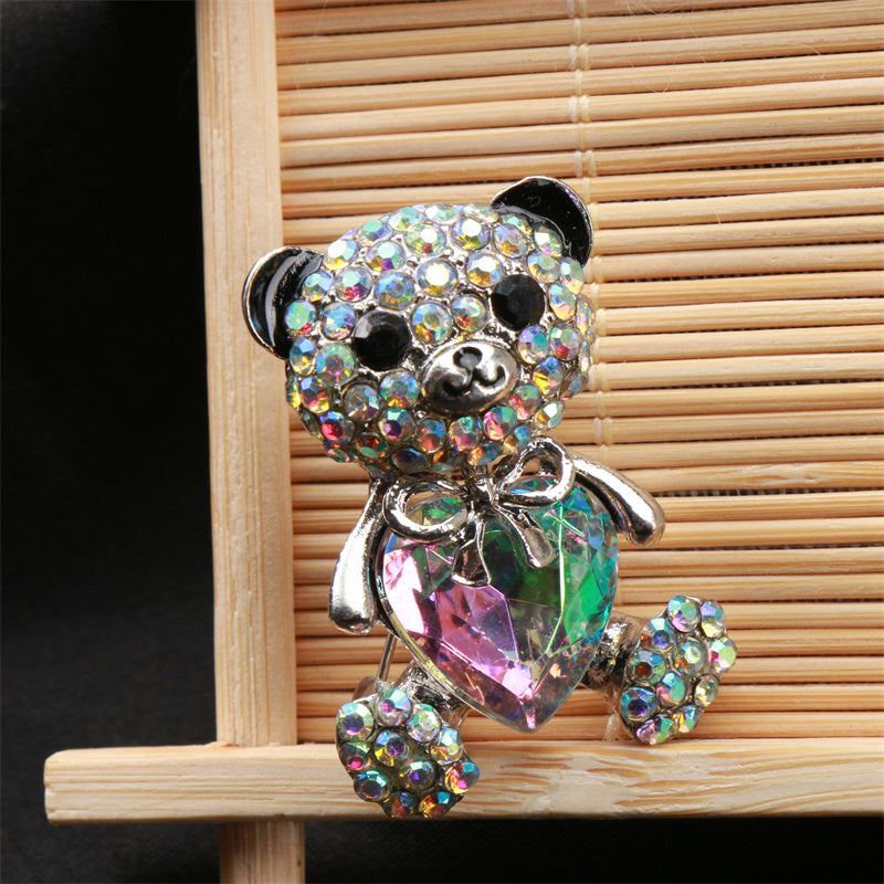 Elegant Alloy Teddy Bear Brooch with Heart-Shaped Sparkling Stone for Women