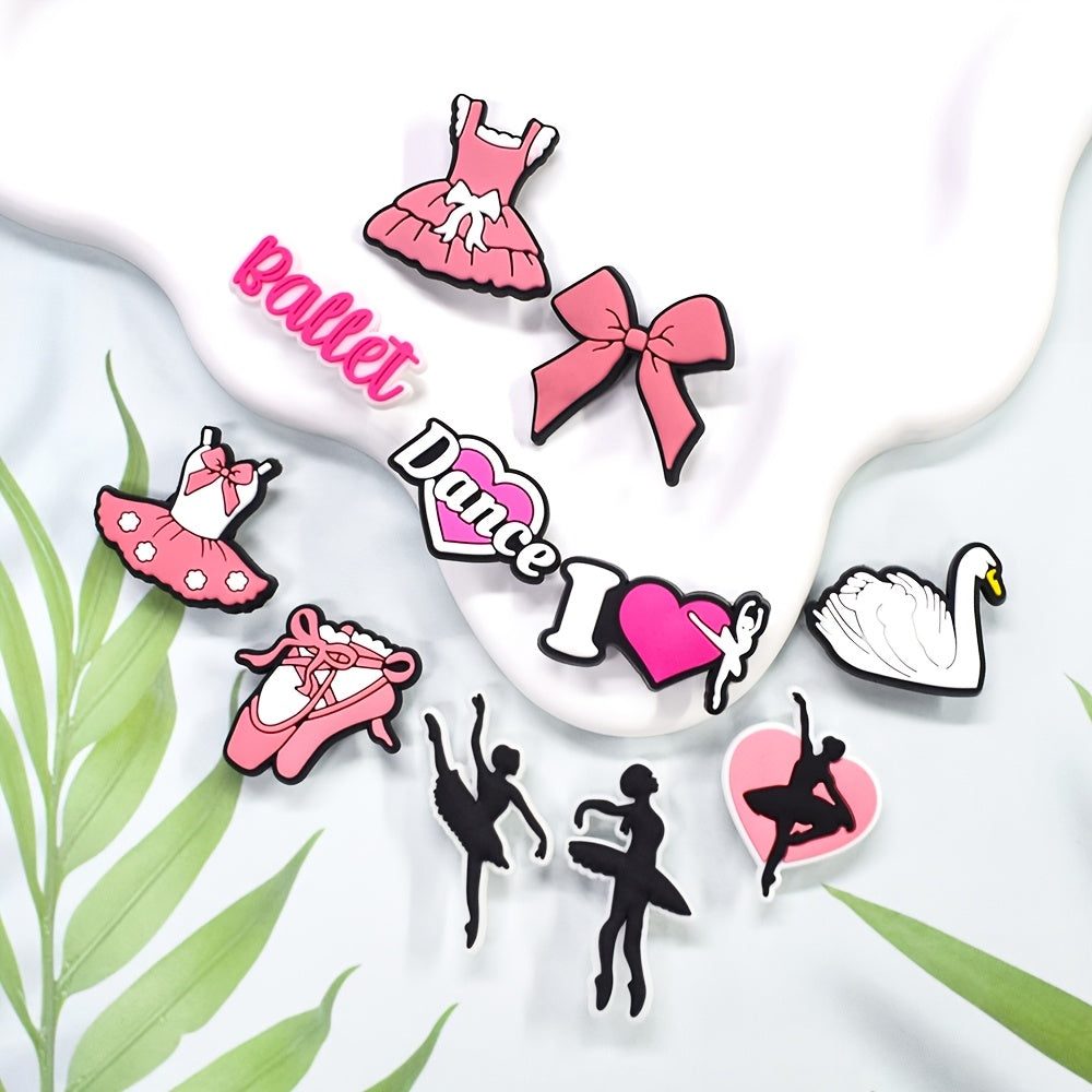 16pcs Ballet Dance Charms Set Plastic Pink Shoes White Swan Pendants Dress Decorations