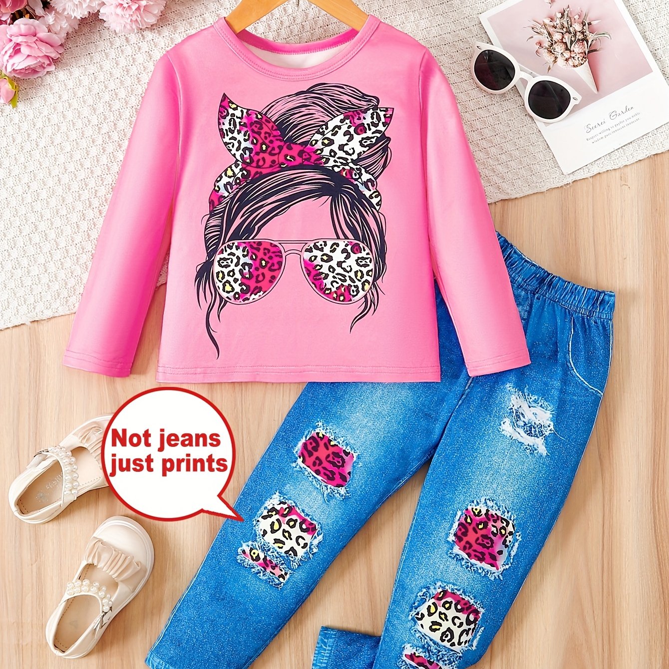Girls' 2-Piece Spring and Autumn Set Long-Sleeved Top and Pants Digital Face Print