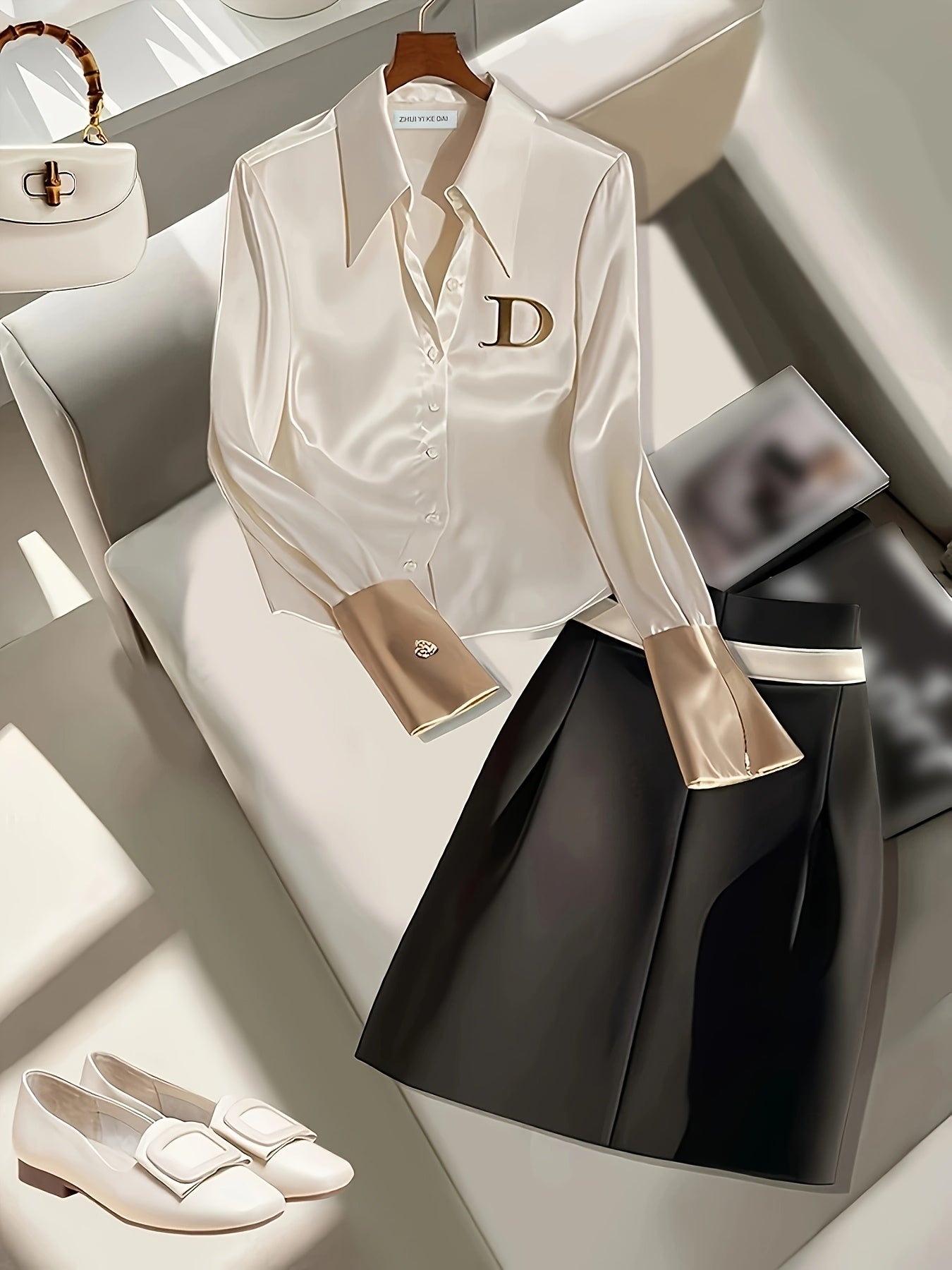 Women's Polyester Blouse with Wide Collar Alphabet Embellishments and Zipper Detail