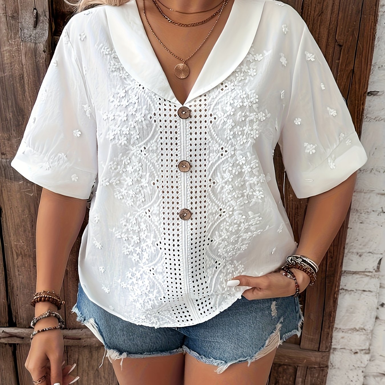 Women's Floral Embroidered Semi-Sheer Summer Blouse White Green Lightweight Top