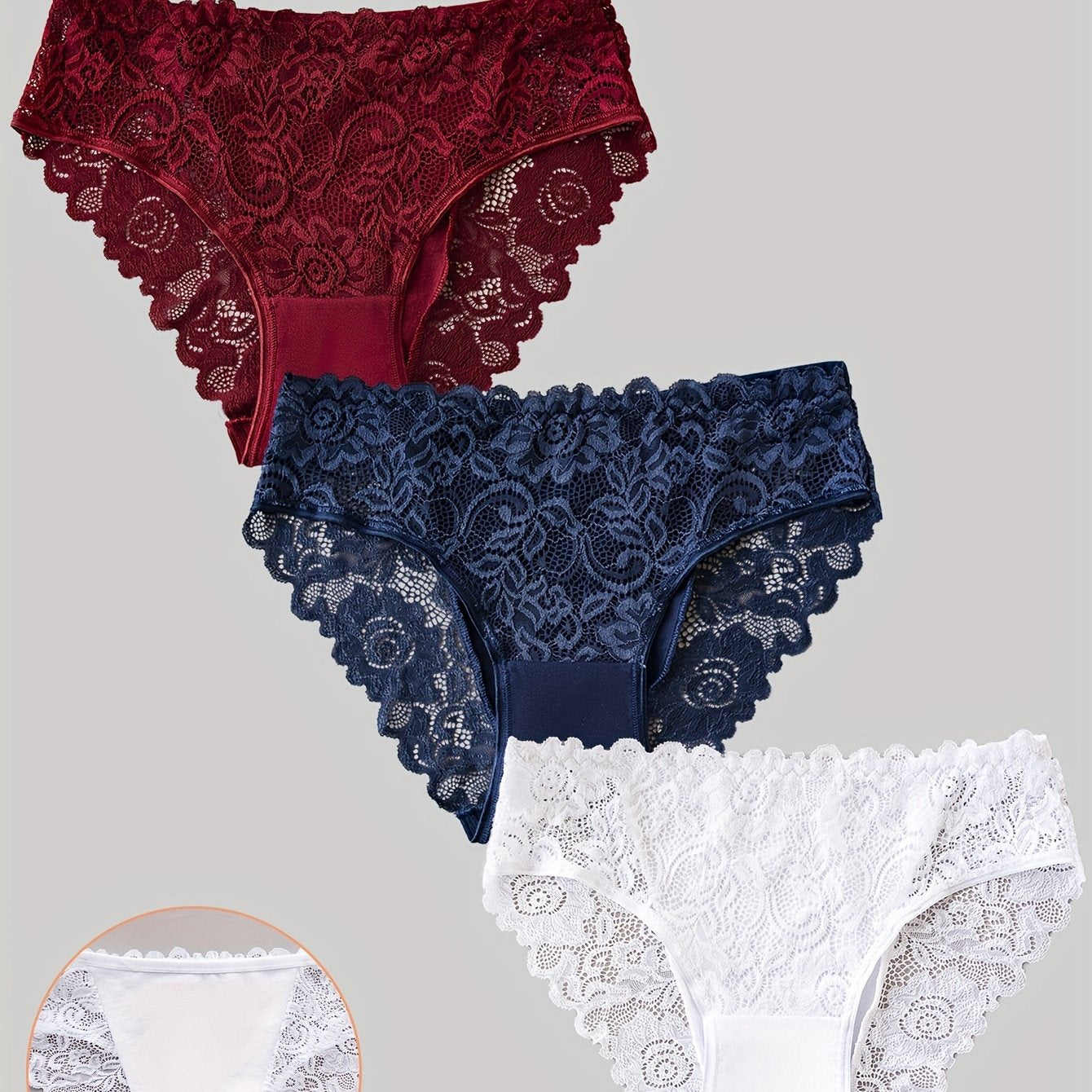 Women's Cotton Lace Briefs Set 3 Pieces Breathable Mid Rise Seamless Underwear