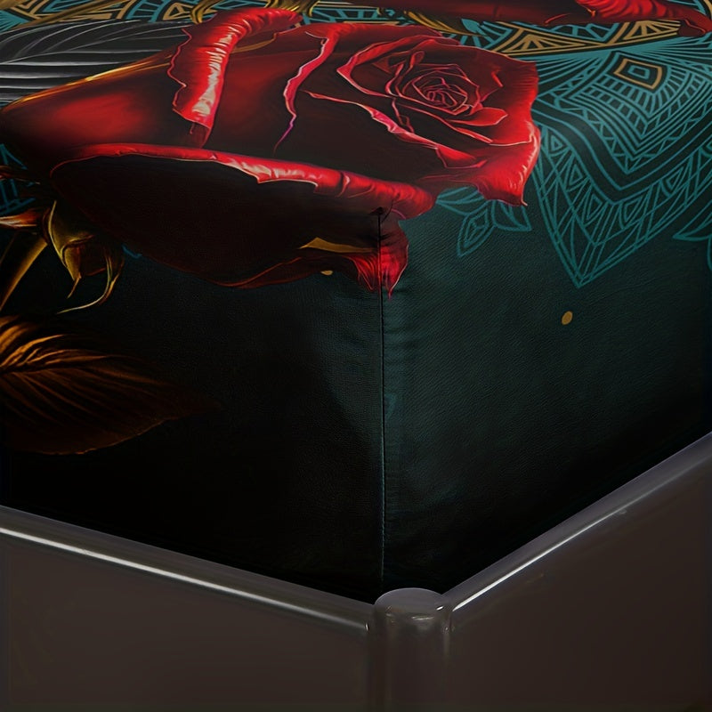 Постельный комплект с цветочным принтом и золотыми акцентами, дышащий полиэстер, включает простыню на резинке и наволочки