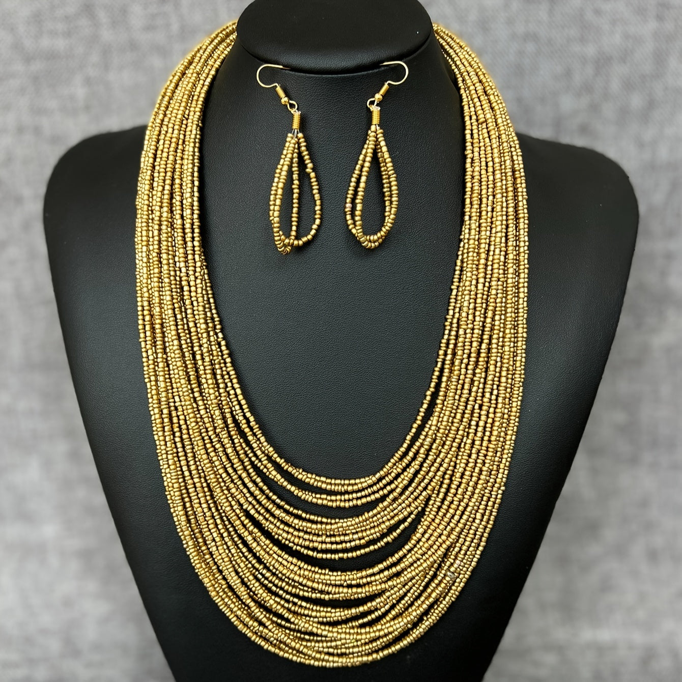 Bohemian Style 3-Piece Jewelry Set with Gold Beaded Necklace and Earrings