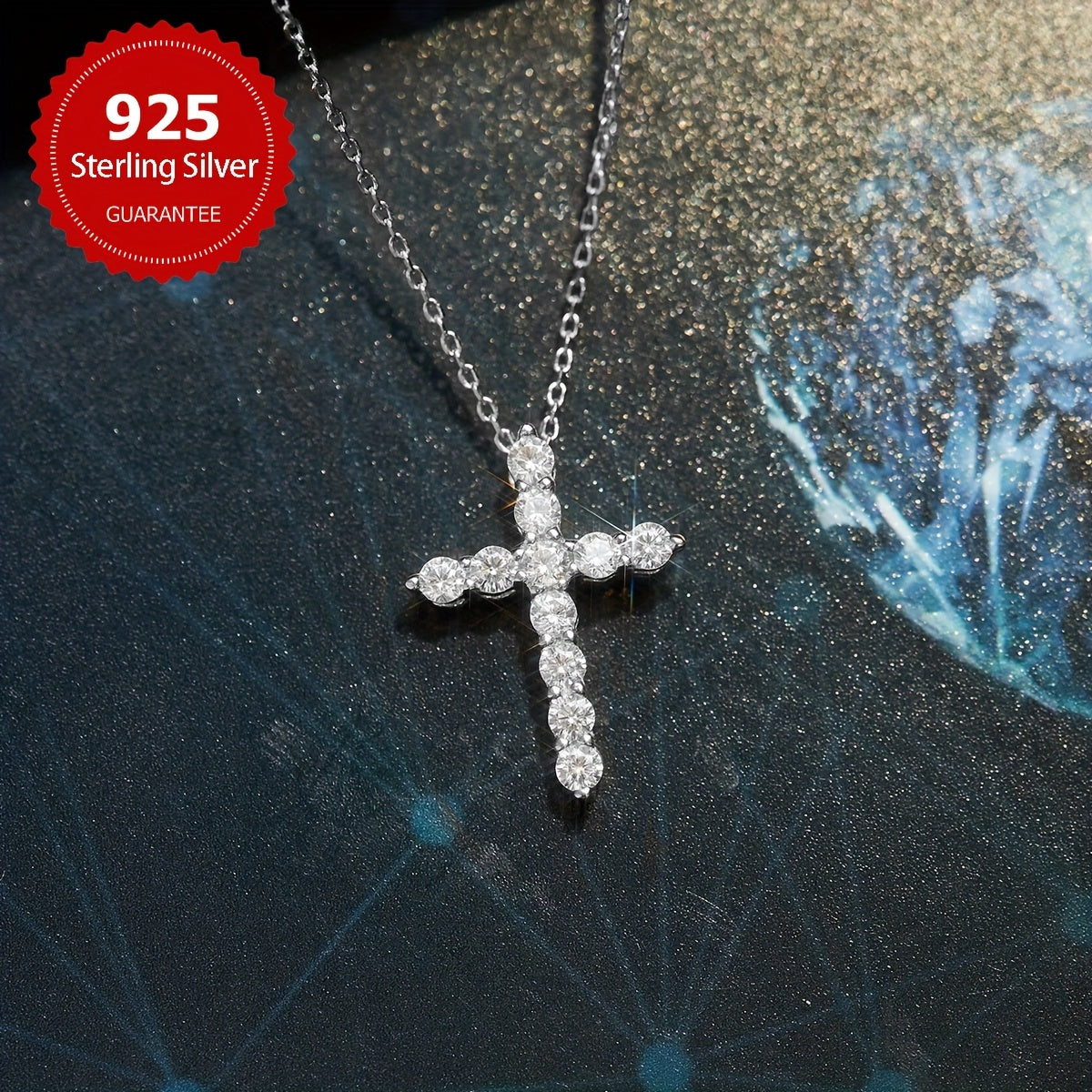 Sterling Silver Cross Necklace with 1.1 Carat Diamond and 11 Mozambique Stones
