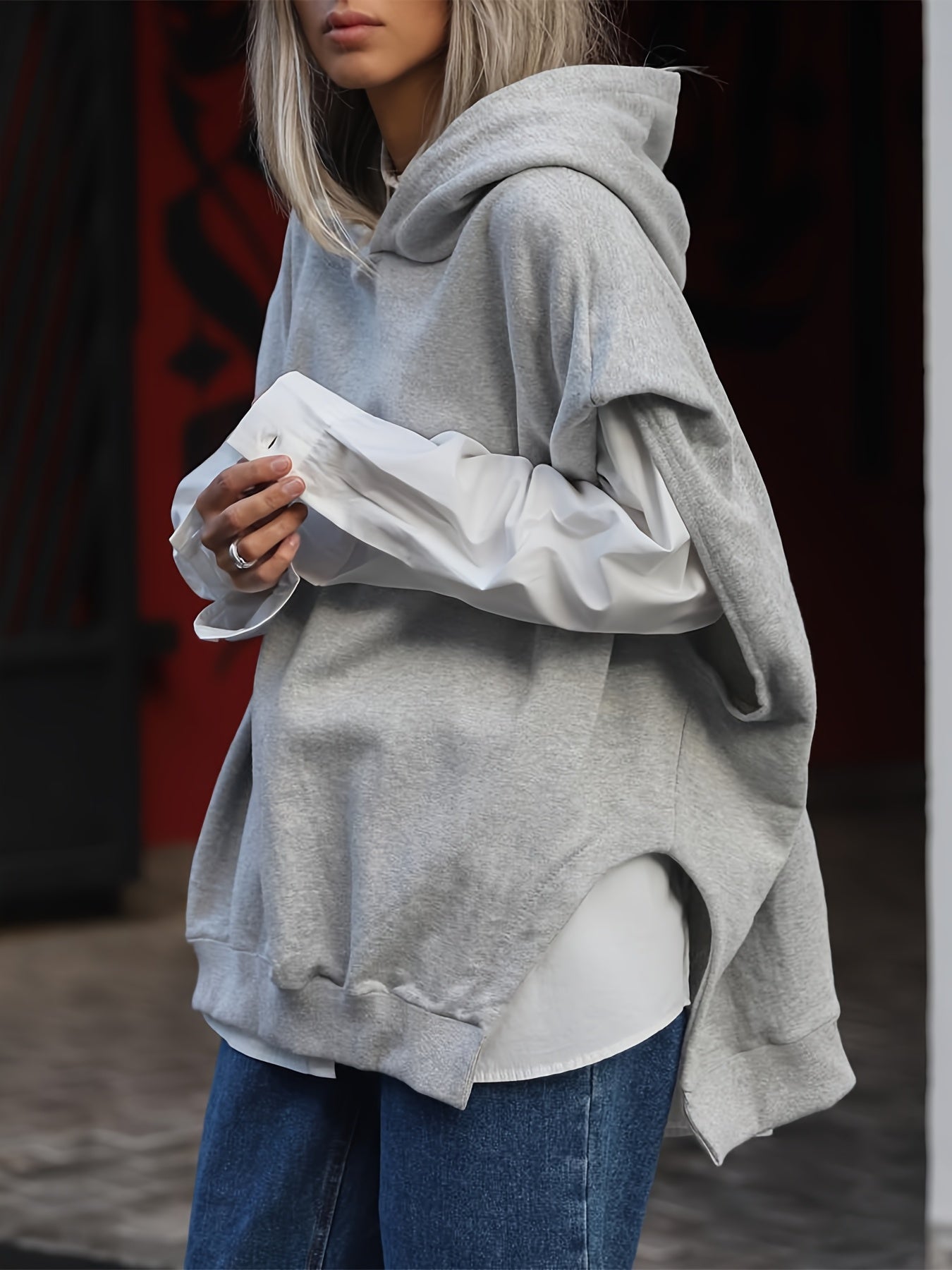 Sudadera sin mangas de talla grande para mujer con dobladillo con abertura para primavera y otoño casual
