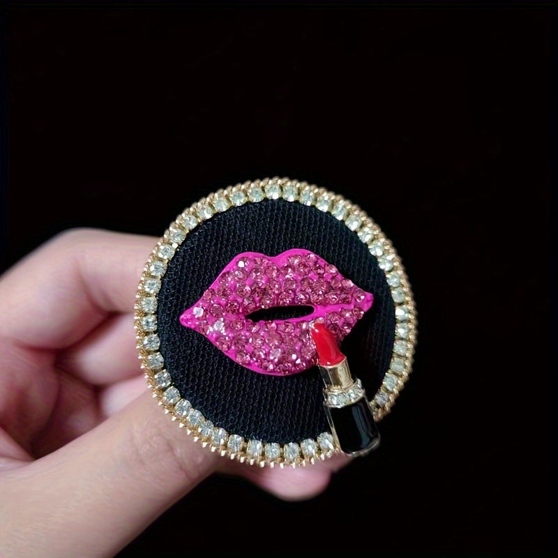 Vintage Red Lips Brooch with Rhinestone Accents Geometric Lipstick Design for Autumn Winter Fashion