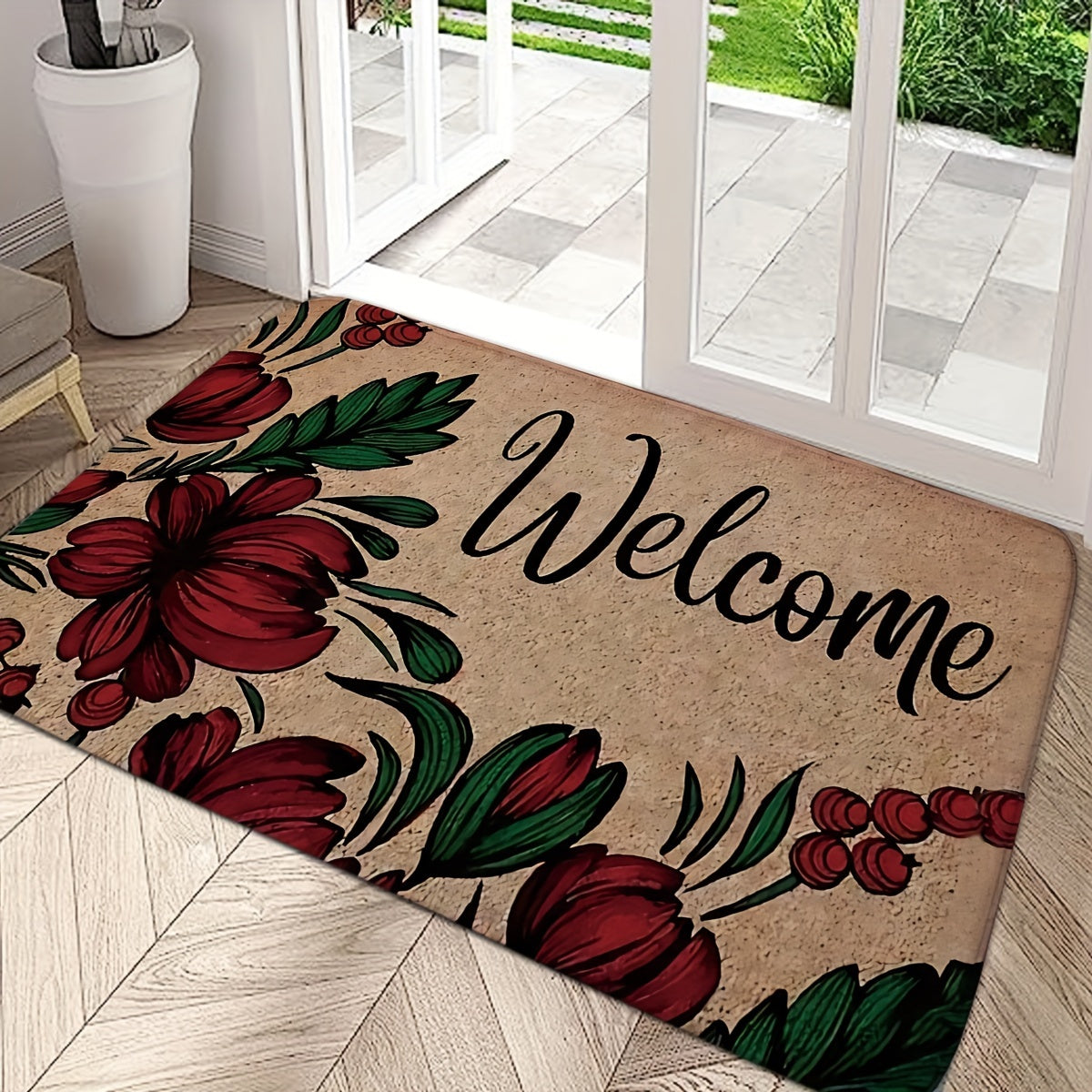Red Flower Welcome Door Mat, Indoor Outdoor, Non-Slip, Medium Pile