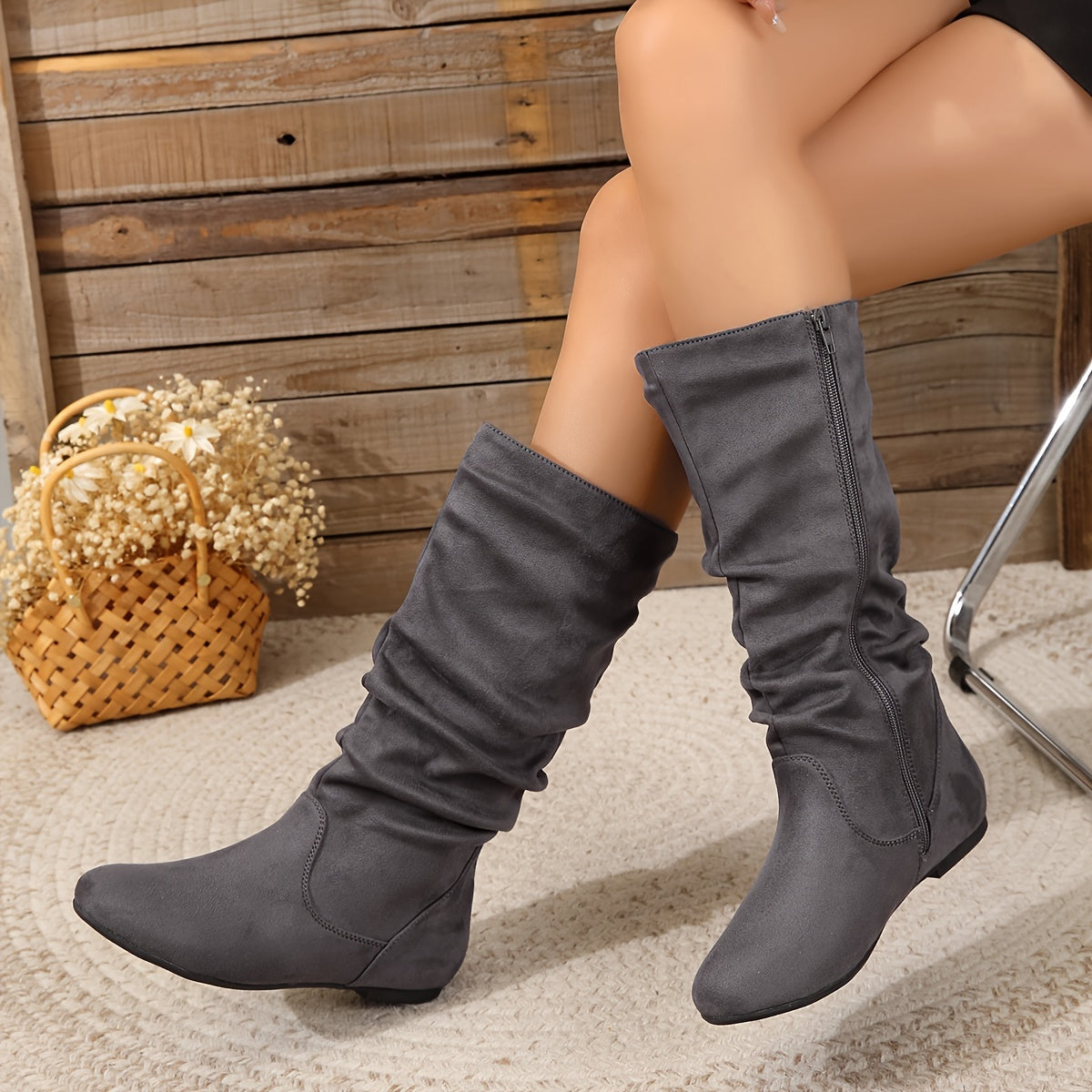 Women's Solid Color Mid-Calf Boots with Zipper Side Pull On Round Toe