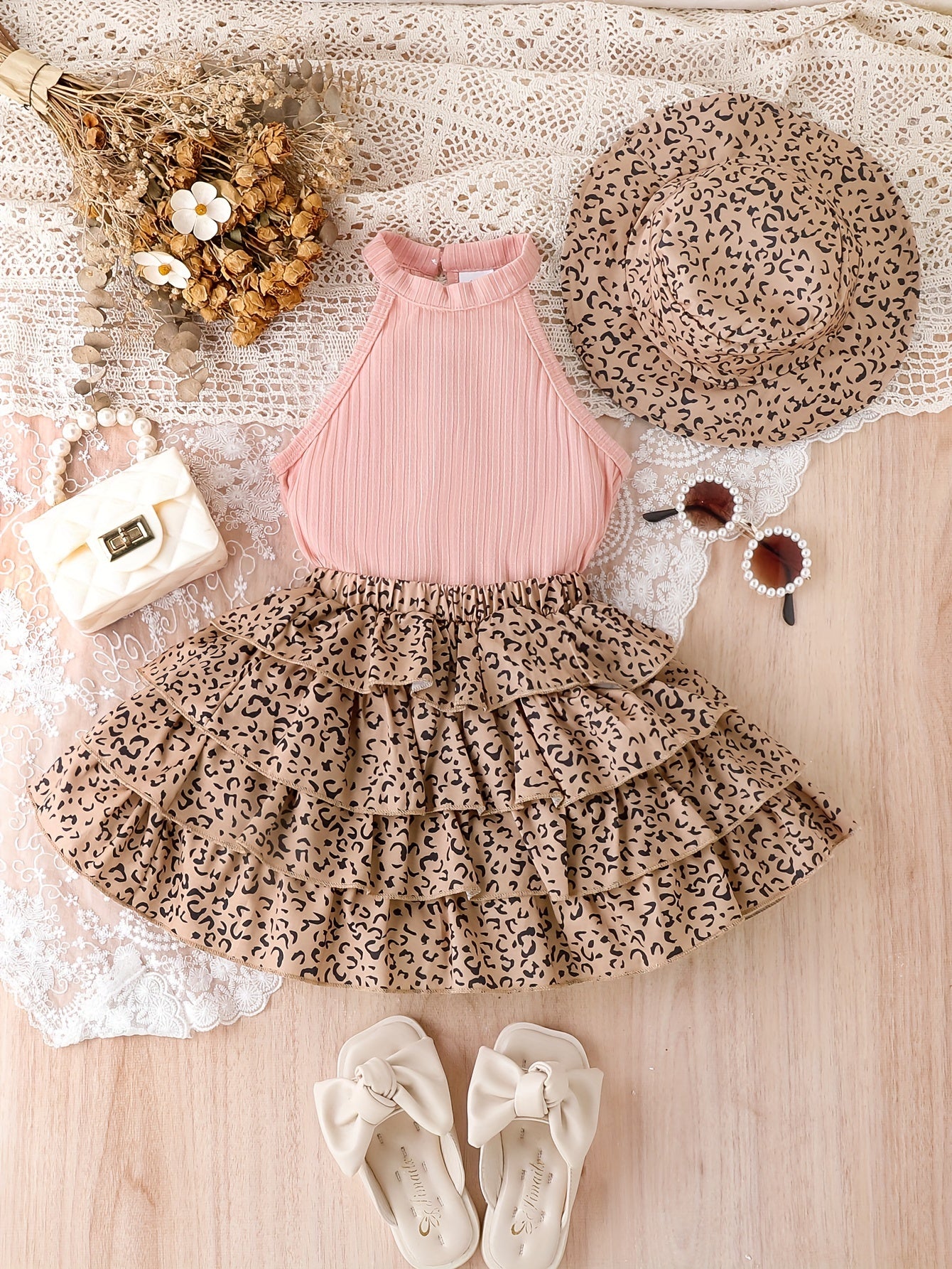 Girls Summer Outfit Set with Leopard Print Bandeau Top Tiered Skirt and Hat for Kids