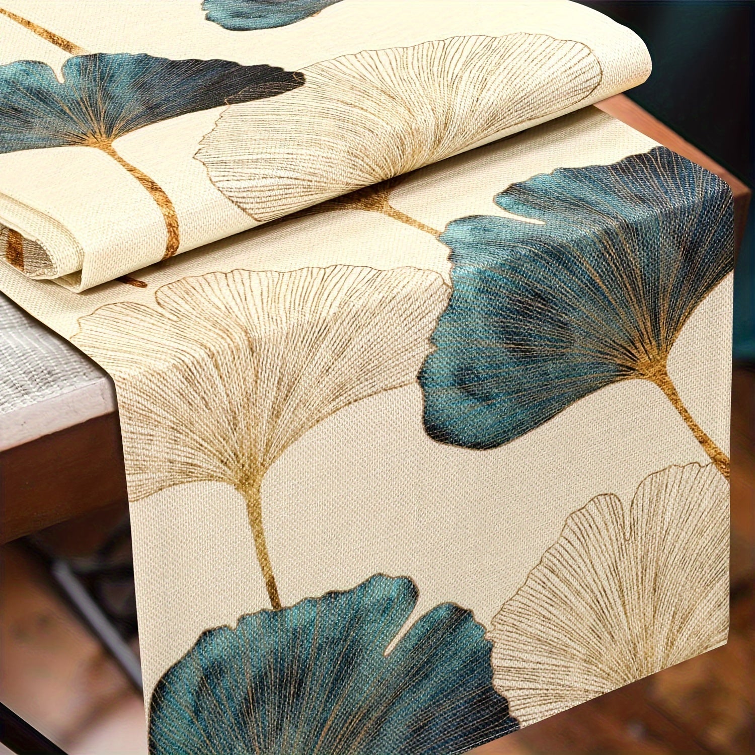 Blue Green Golden Ginkgo Leaf Pattern Table Runner for Rustic Farmhouse Decor