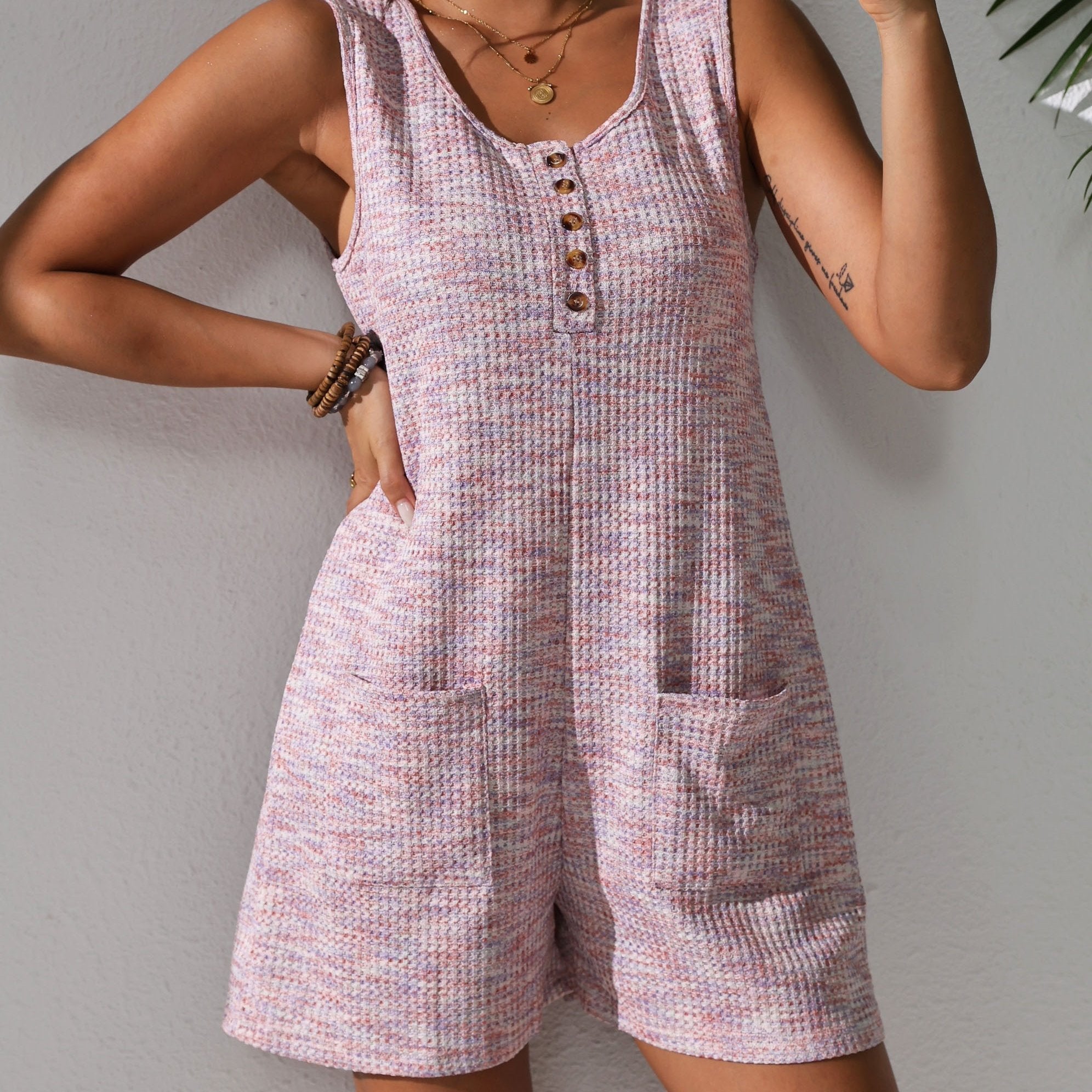 Plus Size Sleeveless Waffle Knit Romper in Pastel Pink with Pockets for Spring Summer
