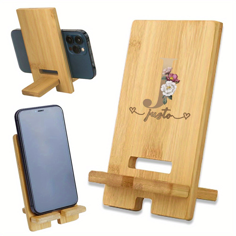 Customized Wooden Phone Stand with Detachable Desk Holder and Engraved Name in Light Brown Cork