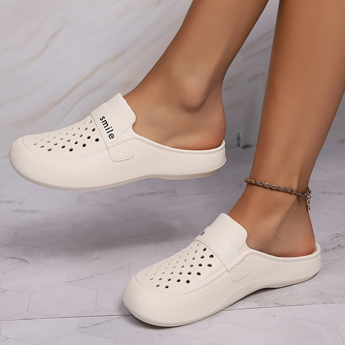 Women's Black EVA Mules with Smile Print Flat Casual Footwear