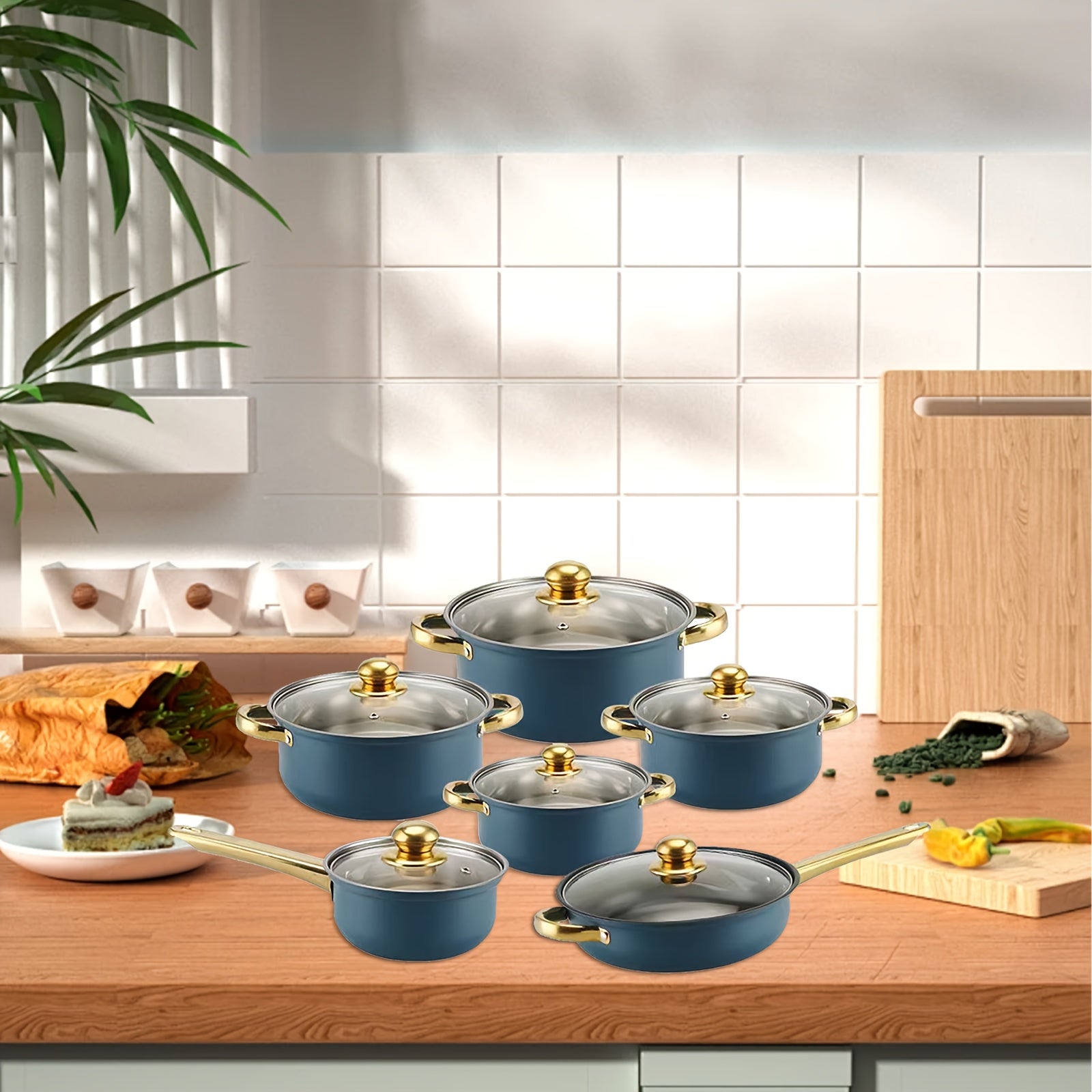 Juego de utensilios de cocina de acero inoxidable de 6 piezas con tapas azules, cacerolas, sartenes