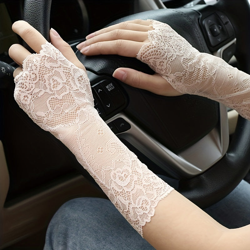 Geometric Lace Half Finger Wrist Sleeves with Thumb Hole for Summer Sunscreen Protection