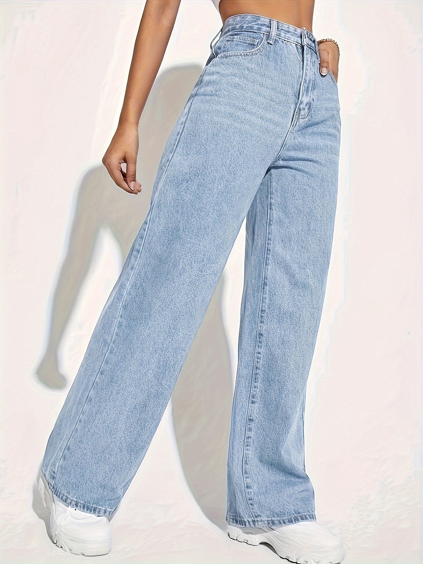 Women's High-Waisted Wide Leg Denim Jeans Casual Solid Stretch Fabric Long Fit