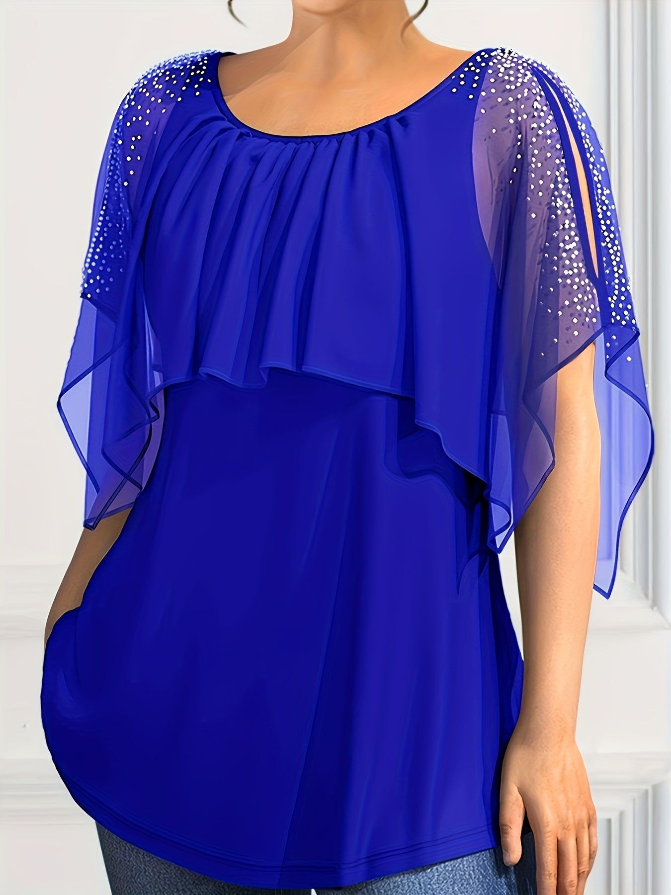 Plus Size Women's Chiffon Blouse with Pearl Embellishments Black Ruffled Sleeves