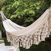 White Canvas Hammock Chair with Woven Tassels Nordic Style for Patio Garden Use