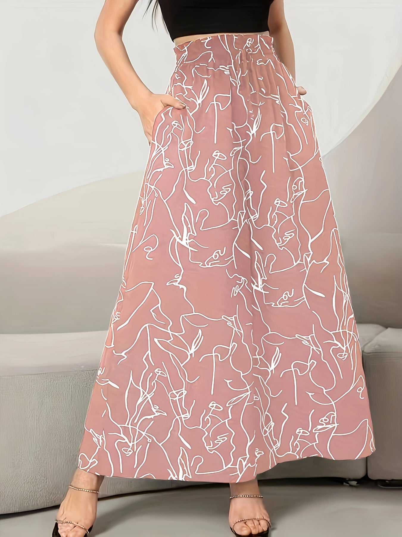 Women's Wide-Leg Floral Print Pants High Waist Ruffle Detail Spring Fall Polyester