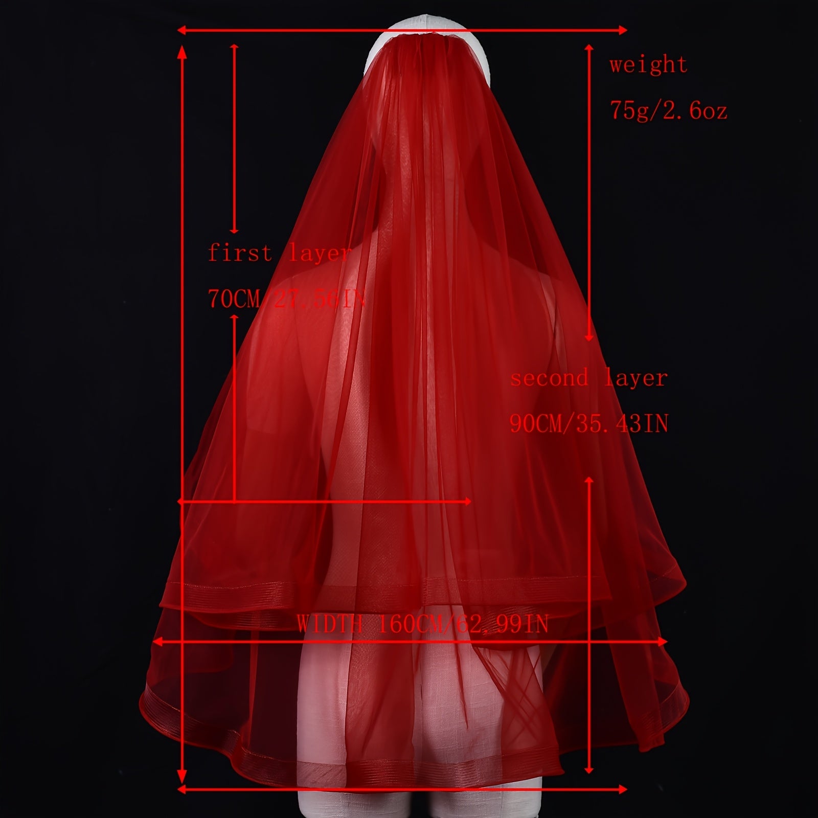 Red Bridal Veil 2-Tier Short Nylon Wedding and Party Accessory