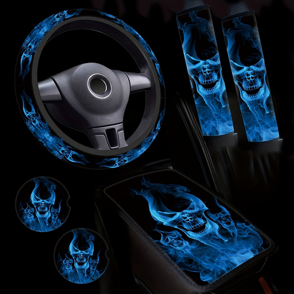 Blue Flame Skull Print Car Accessory Set Includes Wheel Cover Armrest Covers Seat Belt Clips Coasters