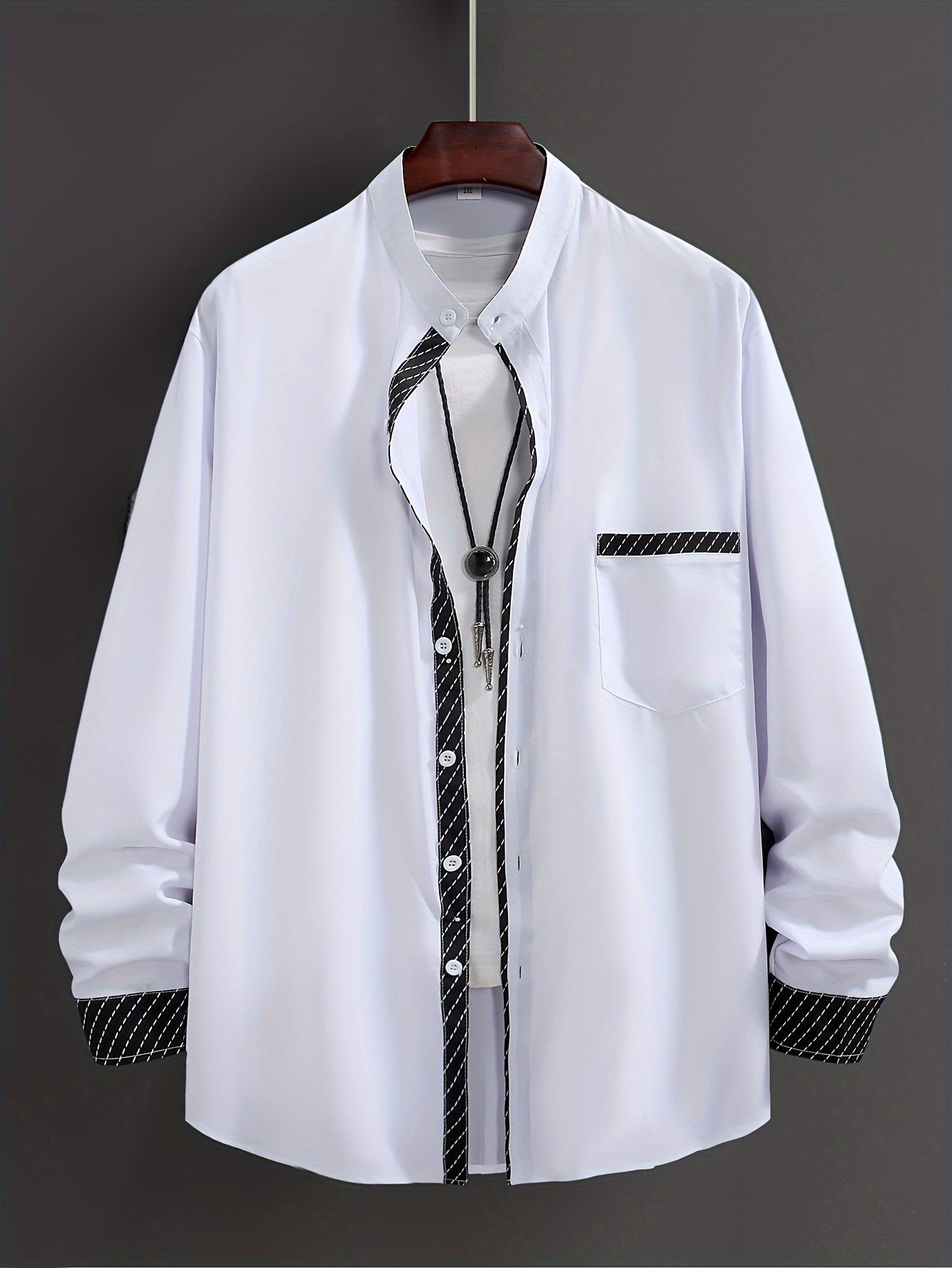 Men's Plus Size Color Block Long Sleeve Shirt with Stand Collar Polyester Casual Spring Fall