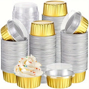 Pack of 50 Disposable Golden Aluminum Foil Dessert Cups with Lids, BPA-Free