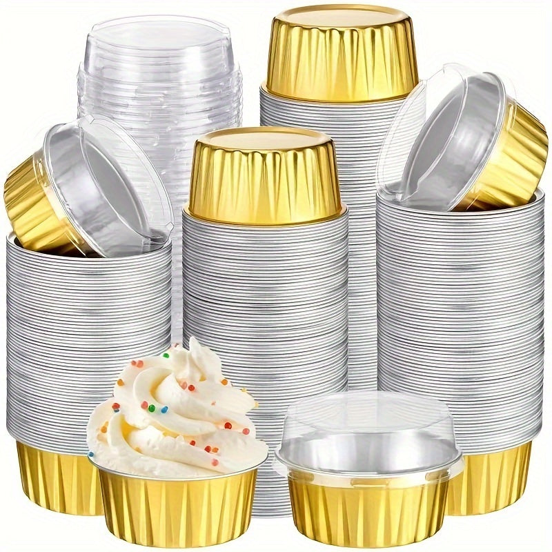Pack of 50 Disposable Golden Aluminum Foil Dessert Cups with Lids, BPA-Free