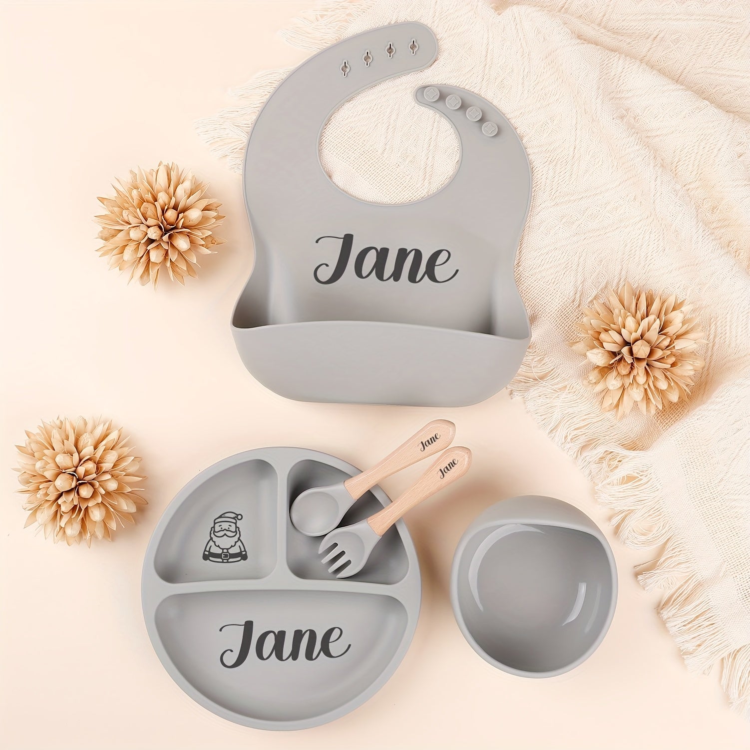Personalized Baby Feeding Set with Name Silicone Weaning Plate Spoon Fork Bowl Gift