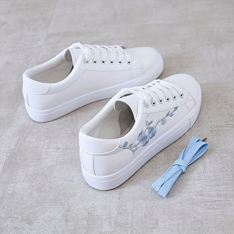 Women's Floral Embroidered White Low-Top Sneakers Synthetic Casual Shoes