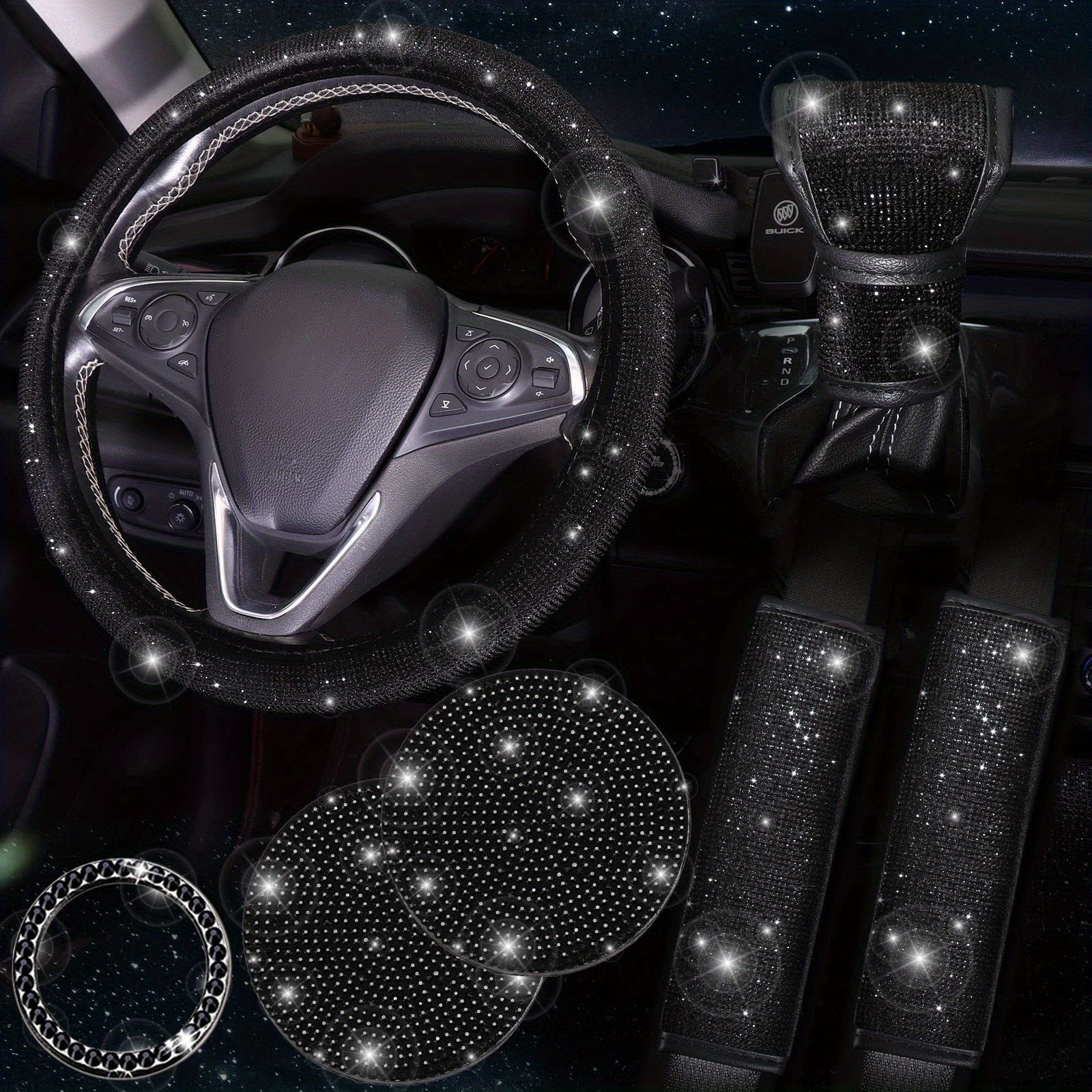 Juego de accesorios de coche con brillo para mujer: cubierta de volante, posavasos, protectores de cinturón, almohadillas para el hombro y cubierta de palanca de cambios