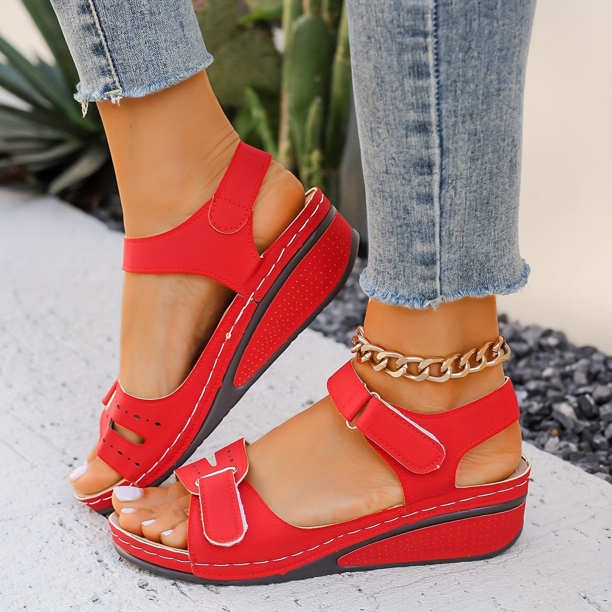 Women's Solid Color Wedge Sandals Open Toe Platform Ankle Strap