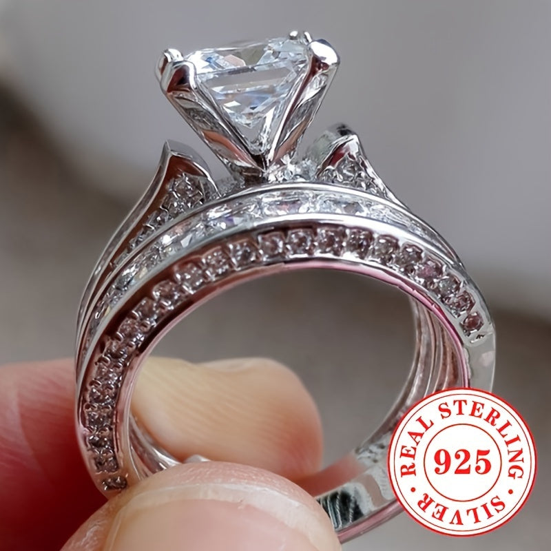 Sterling Silver Bridal Ring Set for Women Square-Cut Cubic Zirconia Engagement Wedding Jewelry