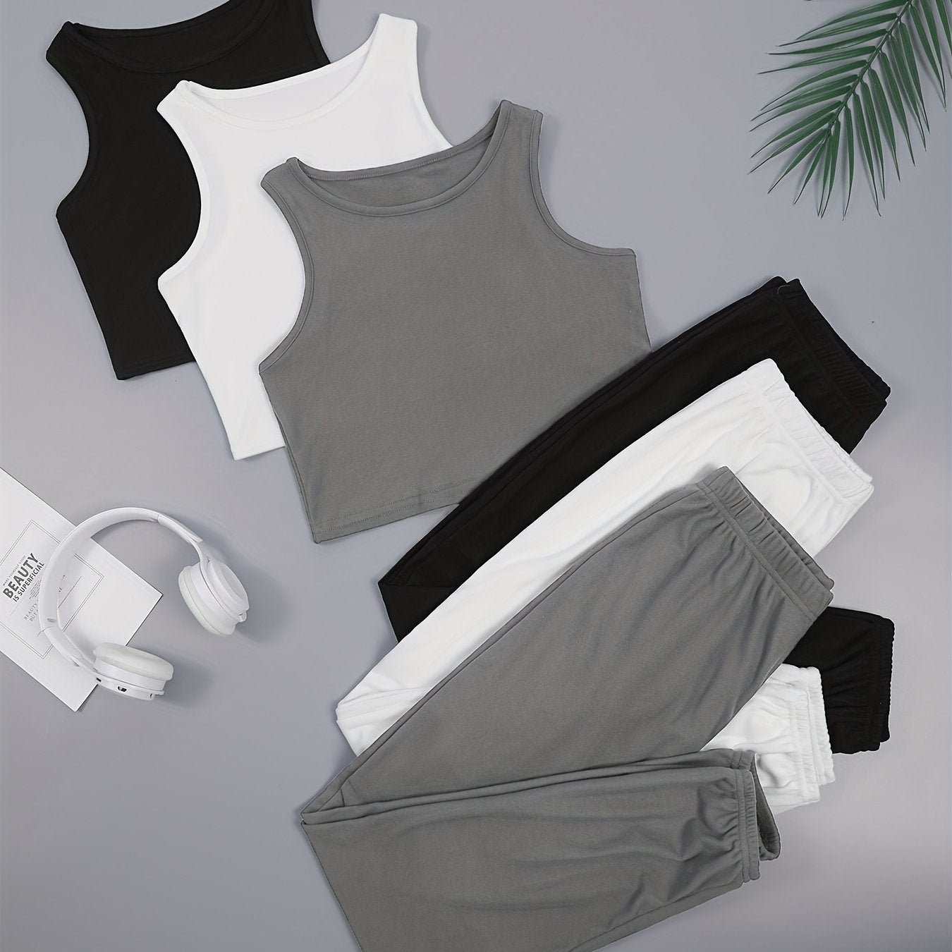 Women's Solid Color Sleepwear Sets Vest and Shorts Pajama 3-Piece Micro Elastic Polyester