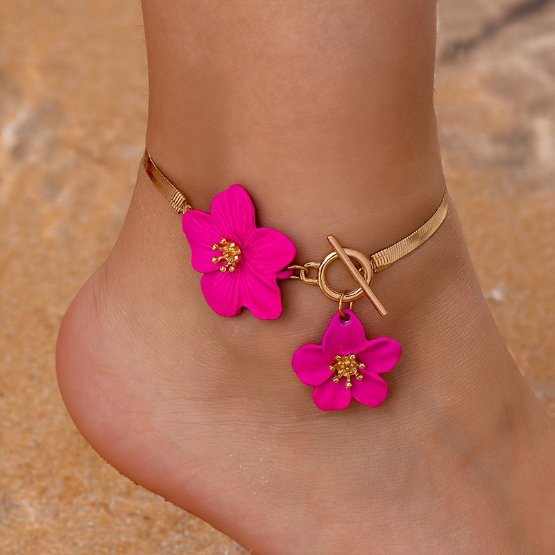 Gold-Tone Anklet with White Flower Charms for Women, Elegant Vacation Jewelry