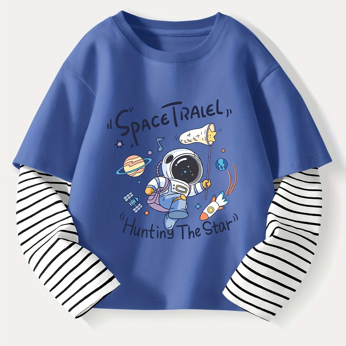 Kids Boy's Striped Long Sleeve Top with Astronaut Cartoon Print in Cotton for Spring Fall